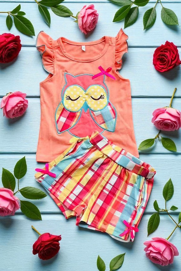 Plaid owl embroidery coral top shorts 2pcs girls outfit sets DLH2883