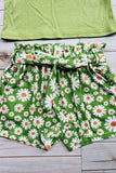 Green ribbed knitted fabric halter top & floral printed shorts 3pcs girls sets DLH2880 (A4S2)