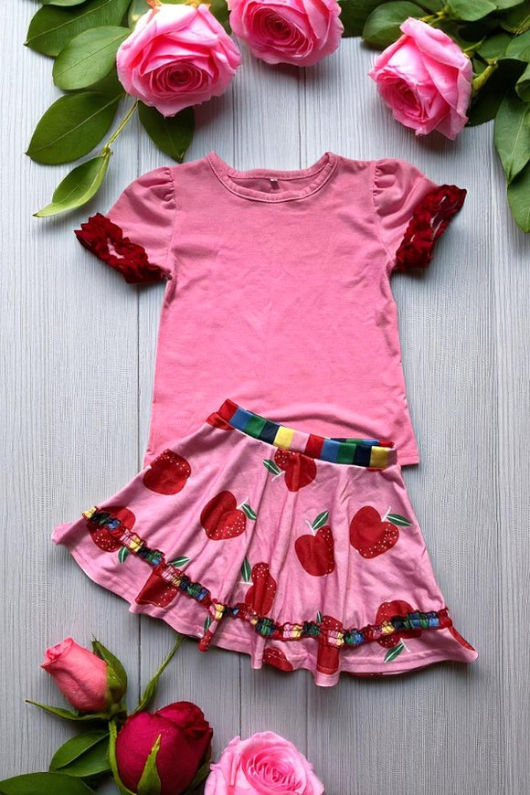 Back to school pink short sleeve top & apples printed skirt 2pcs girls sets DLH2850