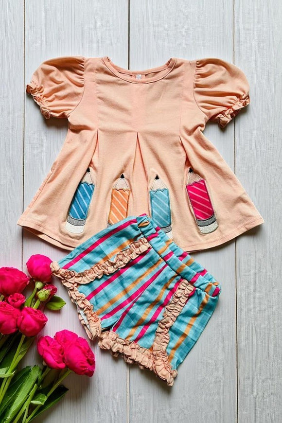 Back to school pensils embroidery top & ruffle striped shorts 2pcs girls sets DLH2845