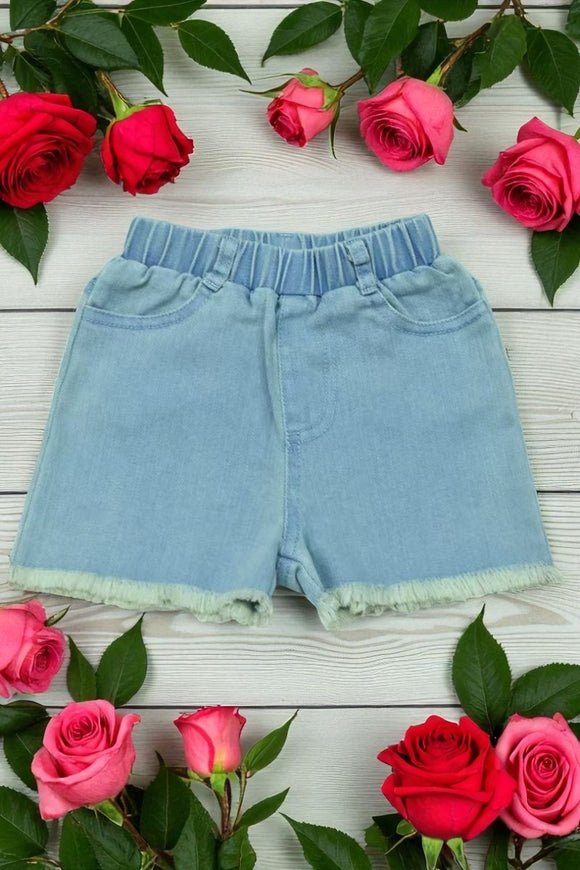 Shop light blue washed denim fabric girls shorts wholesale XCH09001