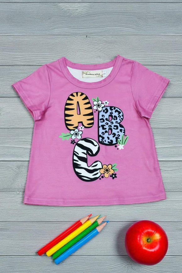 Cute animal ABC printed pink short sleeve girls top XCH01012