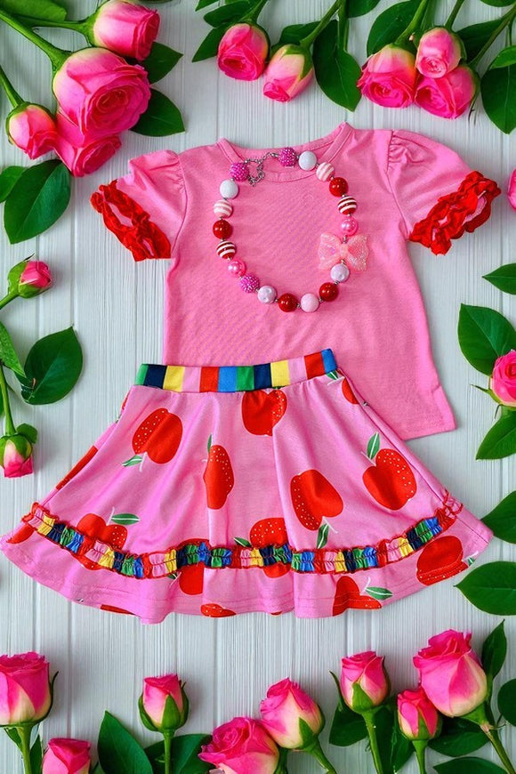 Back to school pink short sleeve top & apples printed skirt 2pcs girls sets DLH2850