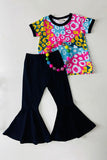 Colorful leopard prints top black bell bottom girls clothing sets XCH04003 (A10S5)