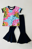 Colorful leopard prints top black bell bottom girls clothing sets XCH04003 (A10S5)