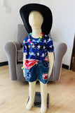 4th of July USA flag short sleeve top & patch denim shorts girls sets DLH2775