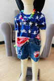 4th of July USA flag short sleeve top & patch denim shorts girls sets DLH2775