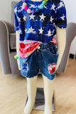 4th of July USA flag short sleeve top & patch denim shorts girls sets DLH2775