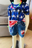 4th of July USA flag short sleeve top & patch denim shorts girls sets DLH2775