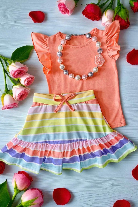 Buy Coral flutter short sleeves top & striped shorts 2pc girls sets DLH2879