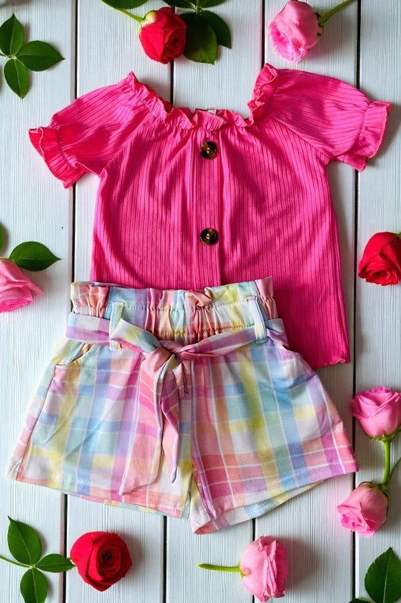 Shop Pink ribbed knitted fabric top & plaid shorts 2pc girls sets DLH2867