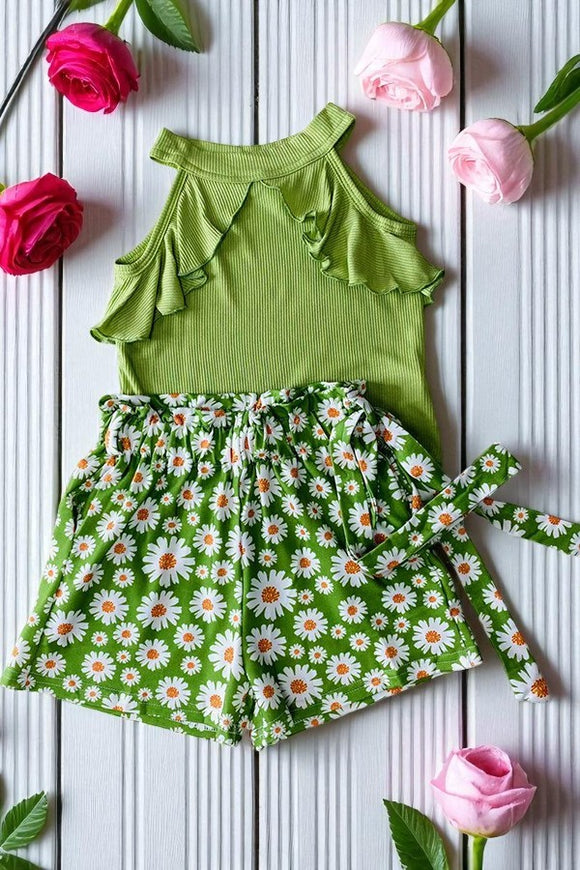 Green ribbed knitted fabric halter top & floral printed shorts 3pcs girls sets DLH2880