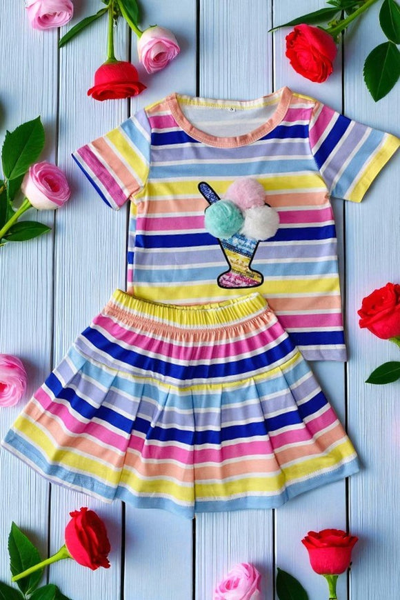 Shop Multi color striped top & pompoms & skirt 2pcs girls sets DLH2872