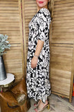 Black flower printed square collar half sleeves rayon women dress GJQ16251 BS5