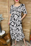 Black flower printed square collar half sleeves rayon women dress GJQ16251 BS5