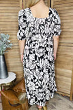 Black flower printed square collar half sleeves rayon women dress GJQ16251 BS5