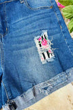 Wholesale striped patch denim blue women's shorts SP-J502