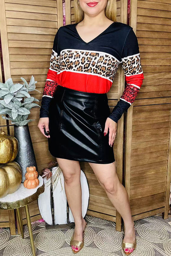 Women t-shirt wholesale Black & Leopard  & red & sparkle color block w/long sleeves XCH15473 (BS2)