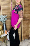 Plaid/purple leopard & fuchsia color blocked short sleeve women top YMY9947 CS11