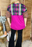 Plaid/purple leopard & fuchsia color blocked short sleeve women top YMY9947 CS11