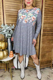 Gray/white striped & floral printed long sleeve w/side pockets women dress XCH11733 (AS5)