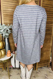 Gray/white striped & floral printed long sleeve w/side pockets women dress XCH11733 (AS5)