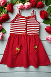 Knited red striped & red gauze strawberry pocket girls dress DLH2844 (A2S8)