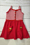 Knited red striped & red gauze strawberry pocket girls dress DLH2844 (A2S8)