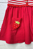 Knited red striped & red gauze strawberry pocket girls dress DLH2844 (A2S8)