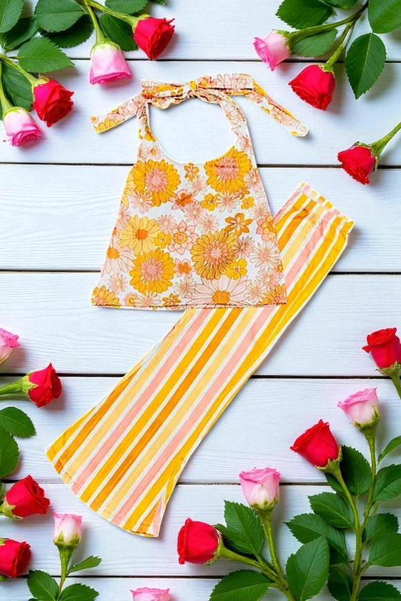 Yellow & orange floral & stripped halter top & pant girls set 1170WY (A4S8)
