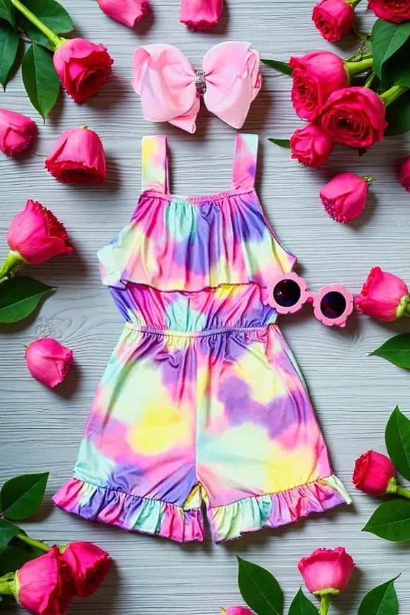 Multicolor tie dye ruffle one piece girls jumpsuit DLH2473 (A4S10)