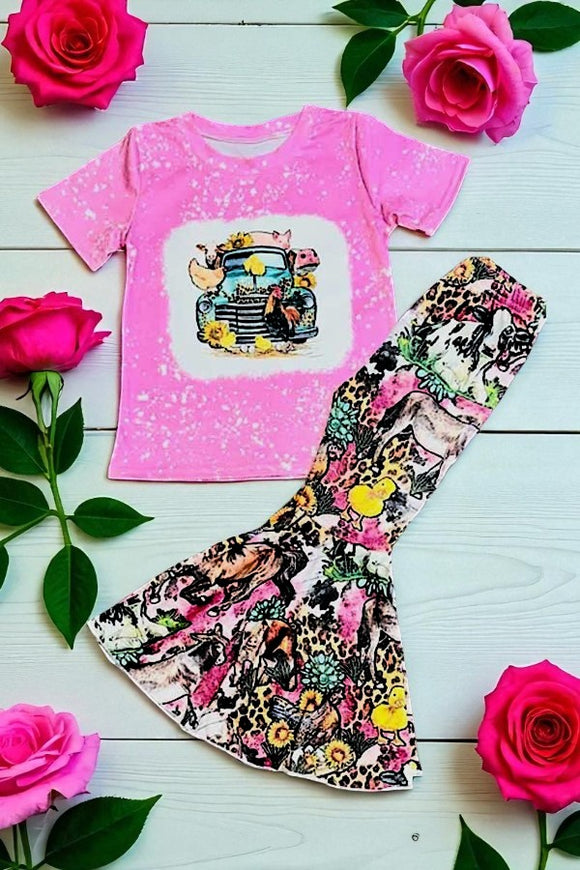 Pink farm animals & leopard 2pc girls set DLH2422 (A6S8)