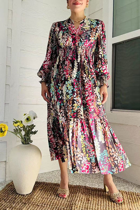 Long style floral printed long sleeve women dress w/elastic waist GJQ16300
