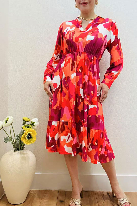 Multi color patterns printed long sleeve midi women dress GJQ16294