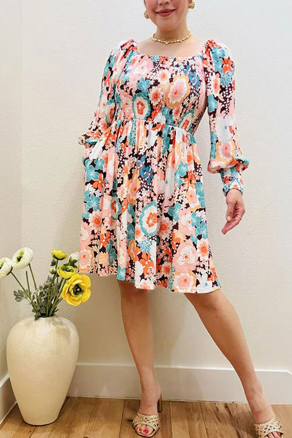 Multi color floral printed shirred square collar raglan long sleeve women dress BQ16305