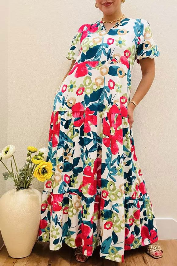 Plus size mint & red floral printed balloon sleeve women maxi dress  BQ16099