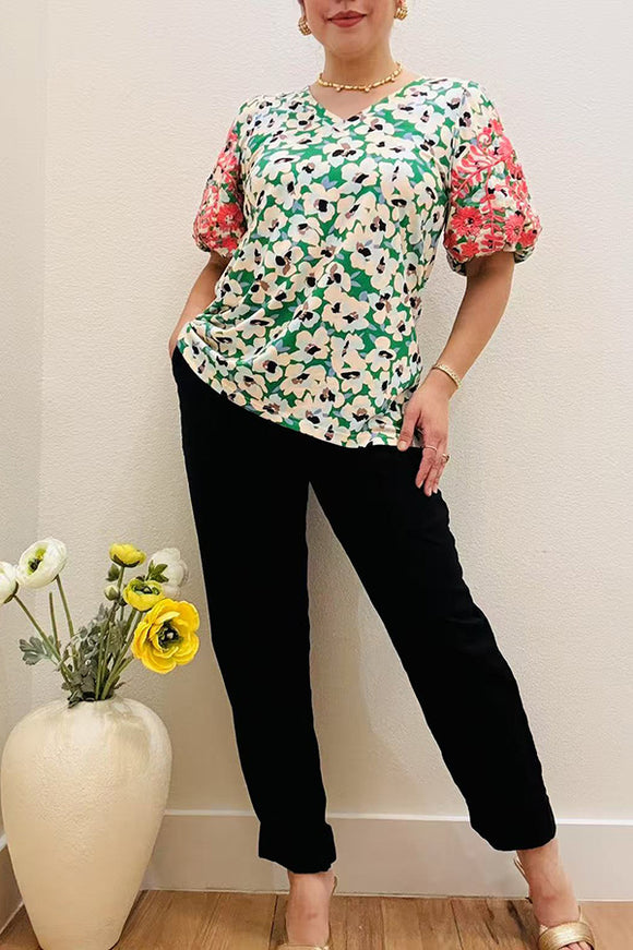 Pink floral embroider & green floral printed balloon sleeve women top XCH16348