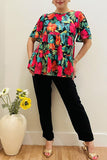 Multicolor flower & leaf printed bell short sleeves baby doll women blouse GJQ16397