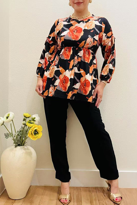Classic floral printed women blouse with long sleeves w/ruffle GJQ16325
