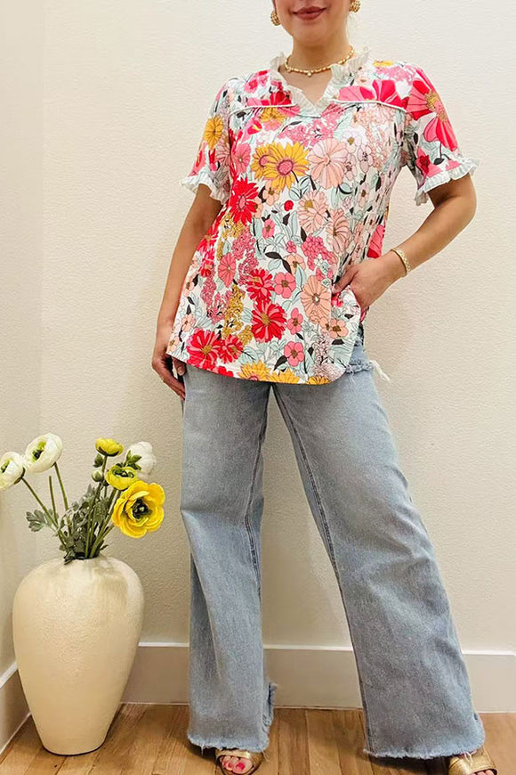 Mom and me floral printed & blue stripes ruffle short sleeve women top GJQ16229