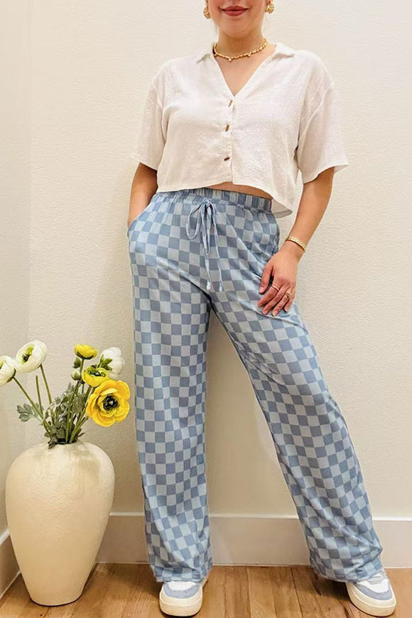 Loose style blue checkers printed wide leg women pants w/elastic waist GJQ16385