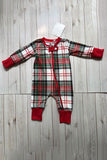 Christmas plaid long sleeve unisex baby romper with double zippers DLH2839