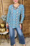 Western mint aztec printed & leopard long sleeve women blouse GJQ10338 FS4