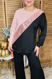 Pink & Sequin & Black color block long sleeve women top GJQ13519S (BS12)