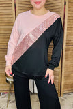 Pink & Sequin & Black color block long sleeve women top GJQ13519S (BS12)