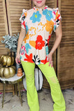 Flower printed ruffle sleeve mock neck women top GJQ15078