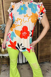 Flower printed ruffle sleeve mock neck women top GJQ15078