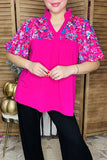 Fuchsia & floral printed color block lantern short sleeve women blouse XCH16245(FS2)