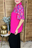 Fuchsia & floral printed color block lantern short sleeve women blouse XCH16245(FS2)