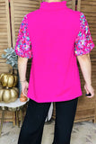 Fuchsia & floral printed color block lantern short sleeve women blouse XCH16245(FS2)